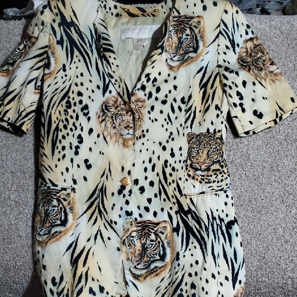 Escada Cream and Black Animal Print Button Down Shirt
